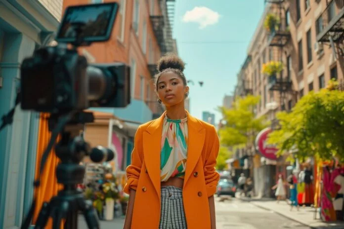 Influential Celebrity Influential Celebrity standing confidently in a vibrant city street, wearing a bold orange blazer, ready for a video shoot.