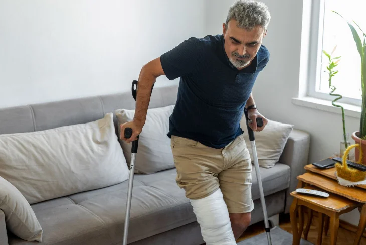 A Man Walking with His Fractured Leg