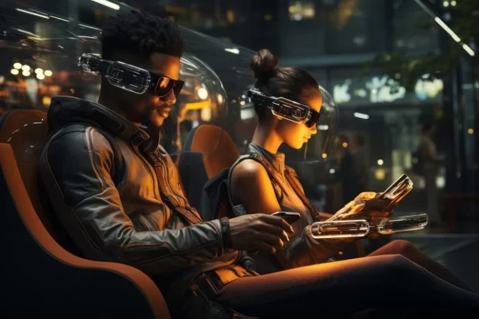 Two gamers using advanced VR headsets and futuristic devices, illustrating cutting-edge Technologies Implemented In Games in a high-tech setting.