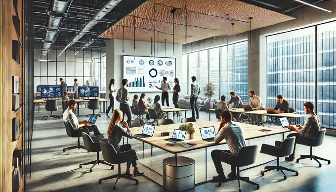 Social Media Analytics Team in Action Team analyzing social media data in a modern office setting with digital analytics dashboards.