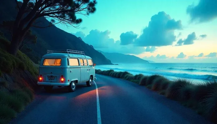 Scenic road trip in New Zealand with a vintage van by the coastline during sunset.