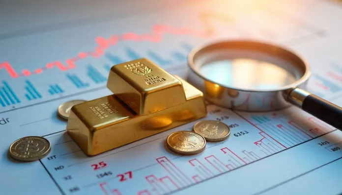 Investment Guide: Gold, Silver, and Platinum Comparison Gold bars and coins with a magnifying glass on a financial chart, symbolizing gold, silver, and platinum investment insights.