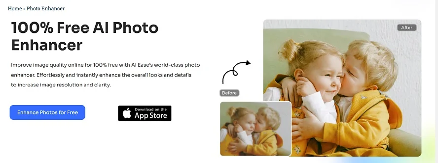 AI Ease photo enhancer offers 100% free tools for improving image quality and resolution.