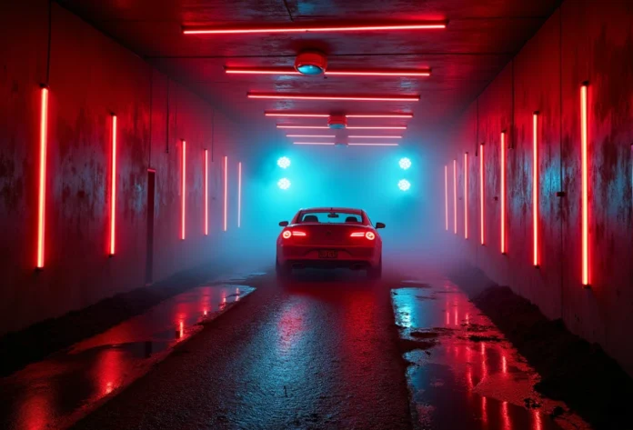 Blast Car Wash Tunnel of Horror Rockwall Tx - Spooky car wash entrance with Halloween decorations and eerie lighting.