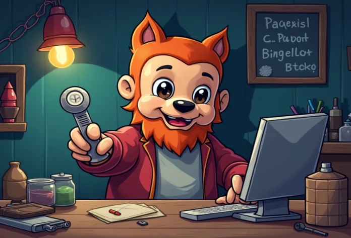Friendly fox mascot of Cjugames the Rocket Shop holding a digital game key while working at his computer desk surrounded by gaming supplies and colorful potions.