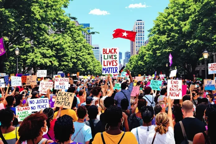 Peaceful protesters holding Black Lives Matter signs during ethan clieon blm riots demonstrations.