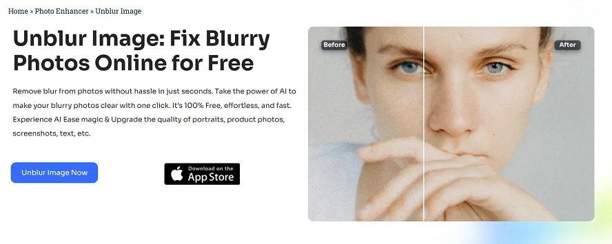 Unblur and enhance blurry photos online for free using AI Ease photo enhancer.