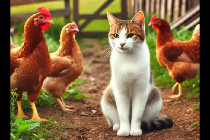 H Style Cat Harness on Chicken: A chicken wearing a blue H-style harness exploring a garden safely.