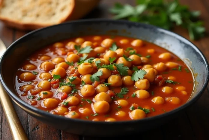 çeciir A steaming bowl of çeciir, a traditional Turkish chickpea stew, garnished with fresh herbs and served with bread.