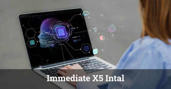 Immediate X5 Intal Immediate X5 Intal technology interface shown on laptop with futuristic AI processing visualization and neural network connections.
