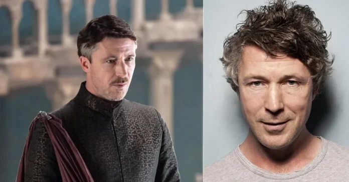 Aidan Gillen net worth comparison showing Game of Thrones Littlefinger character and real life Irish actor photo side by side