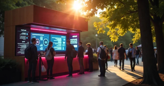 People gathering around interactive digital kiosk displaying techtable i-movement.org community tech resources and accessibility tools