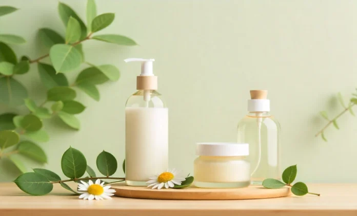 Auro Wellness Products Natural Lifestyle Photography Auro wellness brand skincare products arranged on wooden surface with natural botanical elements and soft lighting