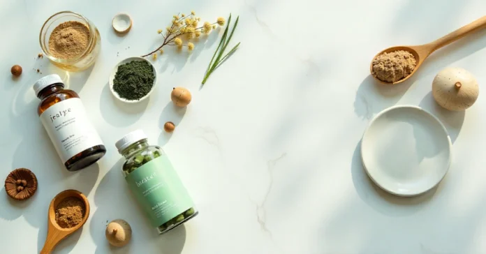 Candizi natural wellness supplements with adaptogen ingredients including mushrooms and herbal powders on white marble surface