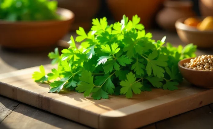 Fresh Koriandri Albanian Herb with Seeds on Wooden Board Fresh green Koriandri Albanian herb leaves with coriander seeds on rustic wooden cutting board for cooking and health benefits
