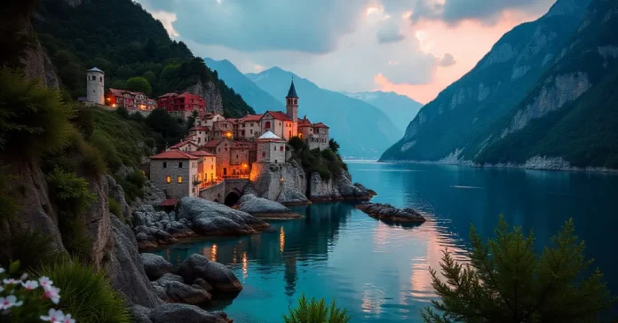 Medieval stone streets in Kotora Melnkalne Old Town with traditional architecture and mountain backdrop