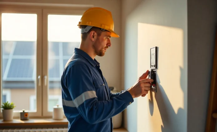 Närkeas Elektrisk electrician installing smart electrical panel in Swedish home with solar panels visible through window