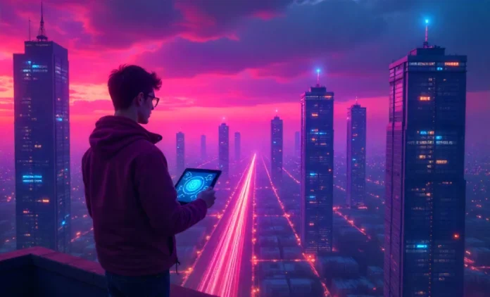 SOA OS23: Modular IT Framework in Futuristic City Young developer with holographic SOA OS23 nodes in a futuristic city, showing modular IT systems.