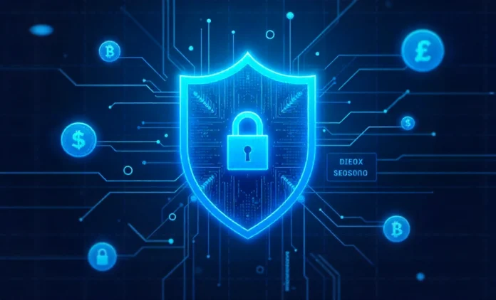 Digital security shield protecting cryptocurrency coins showing icryptox.com security features and encryption technology