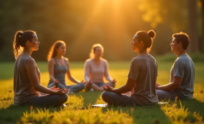 Simbramento Community Meditation Practice - People Connecting Through Mindfulness Group of diverse people practicing simbramento meditation together outdoors in natural setting