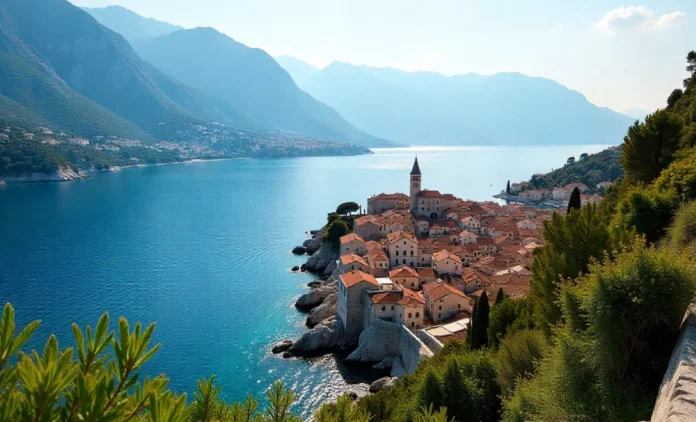 Panoramic view of kotora melnkalne with old town rooftops, stone walls, blue Adriatic Sea, and mountains.
