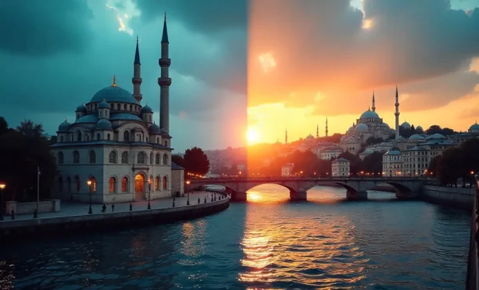 Historic Ottoman mosque and modern Turkish cityscape at sunset representing Cumhuritey transformation concept