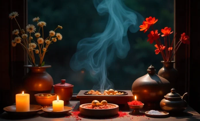 Vietnamese ancestral altar showing đeman cultural traditions with incense offerings and ceremonial items