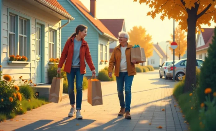 Swedish person helping neighbor with groceries showing gärningen meaningful community action concept