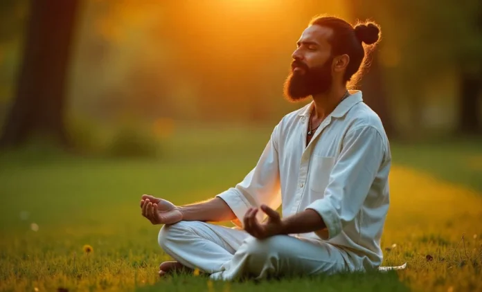 Health Threetrees Com VN Man meditating in nature representing Health Threetrees Com VN holistic wellness approach with traditional healing methods