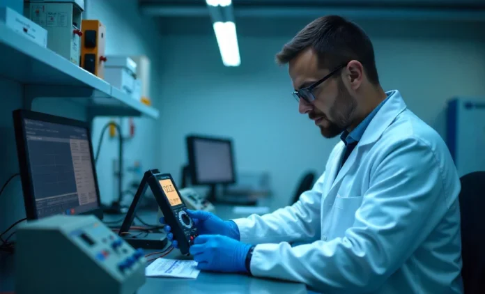 Kalibraatio Professional technician performing kalibraatio electrical calibration with precision instruments in modern lab