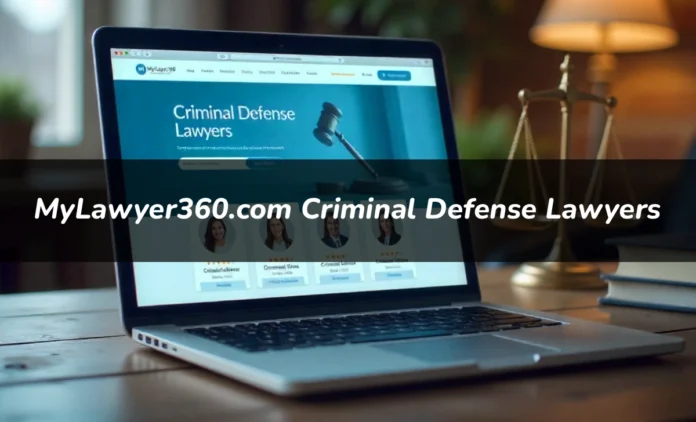 MyLawyer360.com criminal defense lawyers matching platform showing attorney profiles and client ratings on computer screen