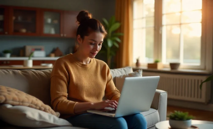 Young renter using laptop in apartment with MyWebInsurance.com renters insurance protecting personal belongings and furniture