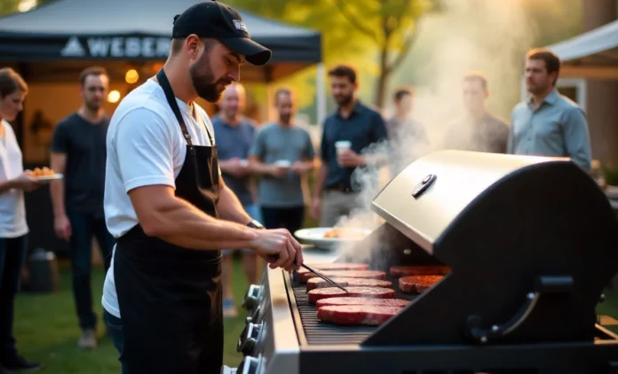 Weber Grillvorführung BBQ Demonstration Event with Expert Training Weber grillvorführung demonstration showing grillmaster teaching BBQ techniques to group of men at outdoor cooking event