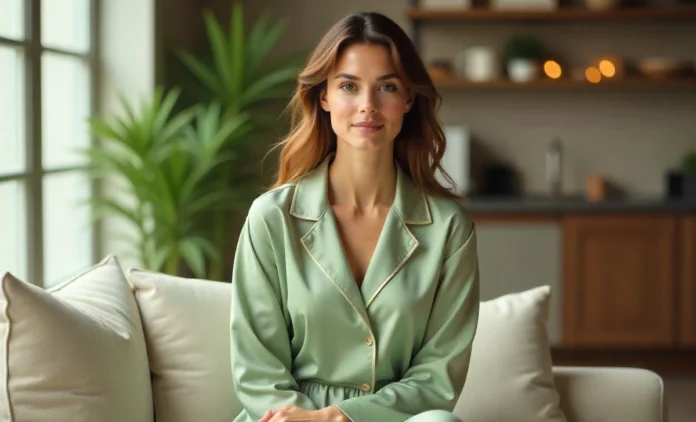 Woman wearing stylish Pyjamaspapper pajama set for daywear - silk loungewear styled as fashionable streetwear outfit