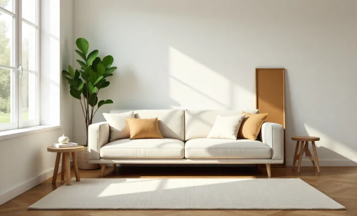 Simpciry minimalist living room with clean decor, natural light, and clutter-free organized space