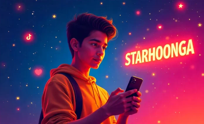 Starhoonga Young South Asian person with smartphone showing Starhoonga digital trend, social media icons, lifestyle success 2025