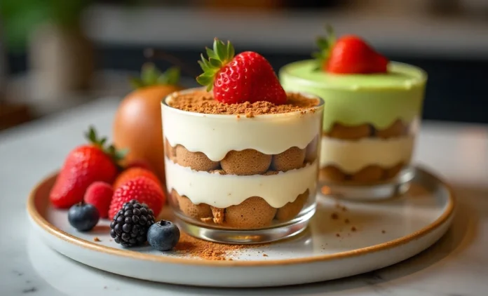 Trurimesu Beautiful layered Trurimesu dessert with matcha and coffee variations in glass dishes, modern tiramisu twist