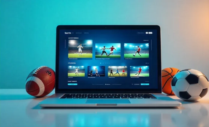 VIPRow.us.com free sports streaming platform showing live games on laptop screen with football basketball soccer equipment