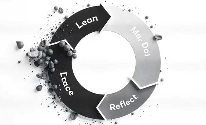 Duaction learning cycle showing three steps learn do reflect with person studying and applying knowledge practically