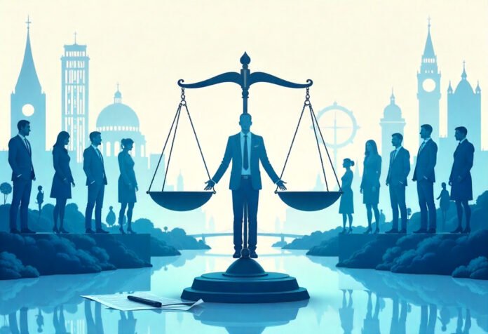 Ombudsmänner concept illustration: mediator with justice scales connecting citizens to government institutions professionally