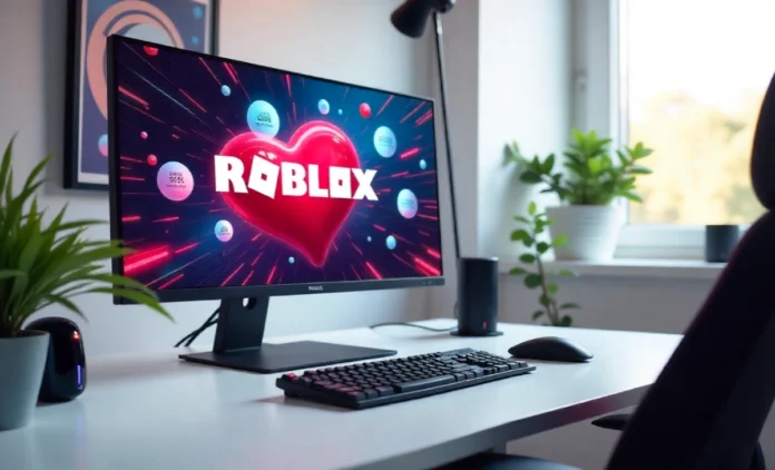Gaming setup showing Roblox dashboard with irobux.com redeem process and Robux currency symbols on computer screen
