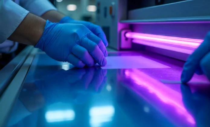 UVLACK UV Coating Application Process in Manufacturing Worker applying uvlack UV coating to wooden surface in modern manufacturing facility with UV curing lamps