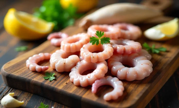 Fresh calamariere squid rings and tentacles on wooden cutting board with lemon garlic and olive oil ready for cooking