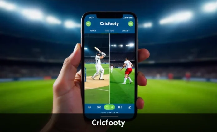Cricfooty app showing live cricket and football streaming on smartphone with HD channels and real-time scores