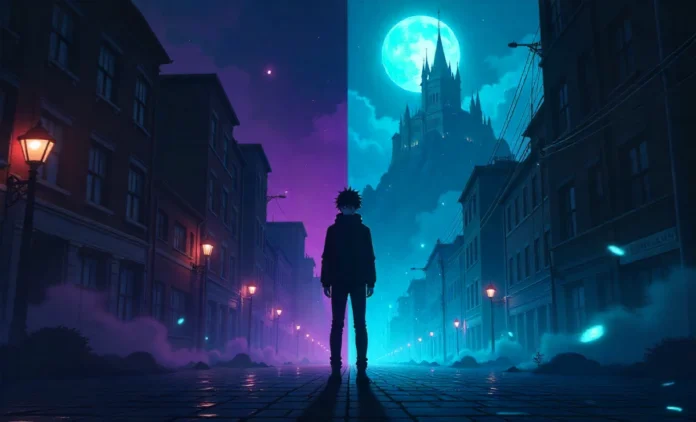 Serial Killer Isekai Ni Oritatsu Chapter 7 protagonist Ryouma standing between dark urban world and fantasy alternate reality