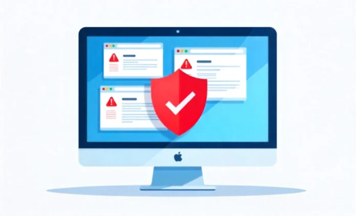 WebCord Virus Detection and Removal Process Computer screen showing webcord virus infection with pop-up ads and browser hijacking being blocked by security shield