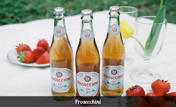 Prosecchini mini Prosecco bottles with glasses and fresh fruit
