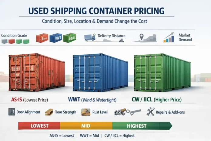 Used cargo shipping containers lined up at a storage yard