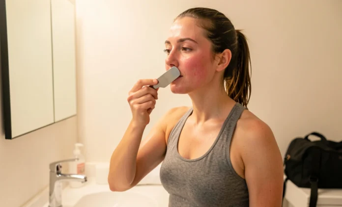 Woman using an ultrasonic skin scrubber on damp face to clear post-gym skin buildup