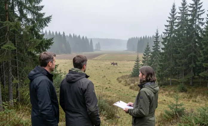 Local Viltnemnda committee members observing wildlife in a Norwegian forest and farmland area